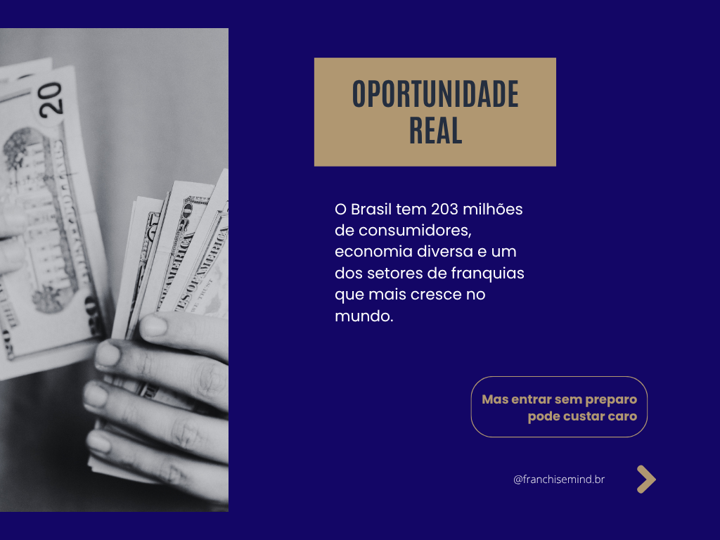 Oportunidade Real
O Brasil tem 203 milhões de consumidores, economia diversa e um dos setores de franquias que mais cresce no mundo.